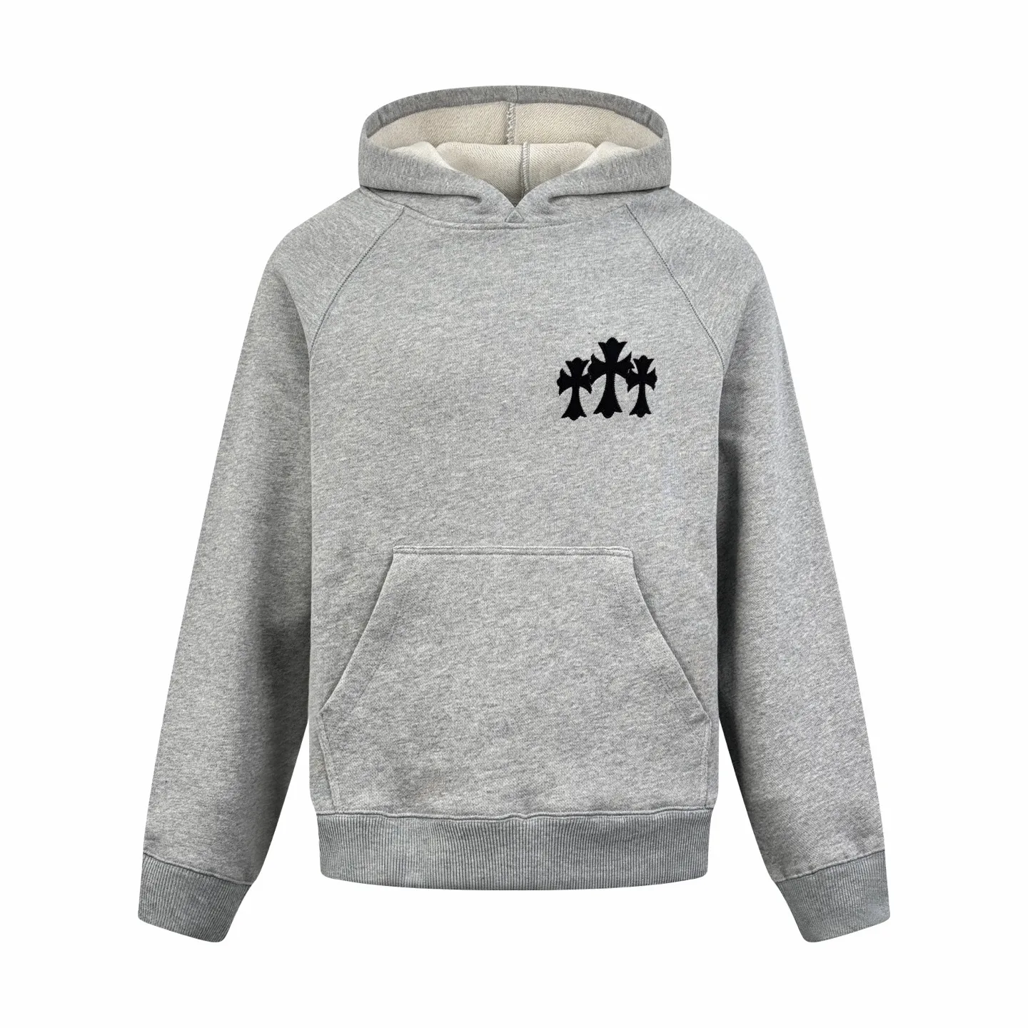 P490 CH Crow Heart Cross Sanskrit Embroidered Hooded Sweatshirt (grey). Original purchase and development for RMB 15,998. The fabric is made of custom-made heavy fortress intertwined air cotton. It is full of texture, thick and solid, and is based on high-end ash tones. It has a beauty that coexists with vicissitudes of life and elegance. With the Crow Heart Cross patch embroidery decoration on the chest, it becomes the ultimate interpretation of dark Gothic style. The CH Gothic font is the finishing touch on the back panel, making the totem the thorn in your spirit. The logo iron plate sways slightly with the swing of the body, adding a sense of movement and vitality. It is unobtrusive but has an indescribable aura. It interprets the perfect blend of retro and luxury, using imported machine appliqué embroidery technology. Using advanced computer control systems and precision mechanical components, the Chrome Hearts logo appliqué embroidery operation is realized. It presents an embroidery effect with both clarity and three-dimensionality, and the fabrics have been washed. It has a better hand feel and texture. It is not easy to deform, shrink or fade. Maintain long-lasting beauty. Size:S-M-L-XL